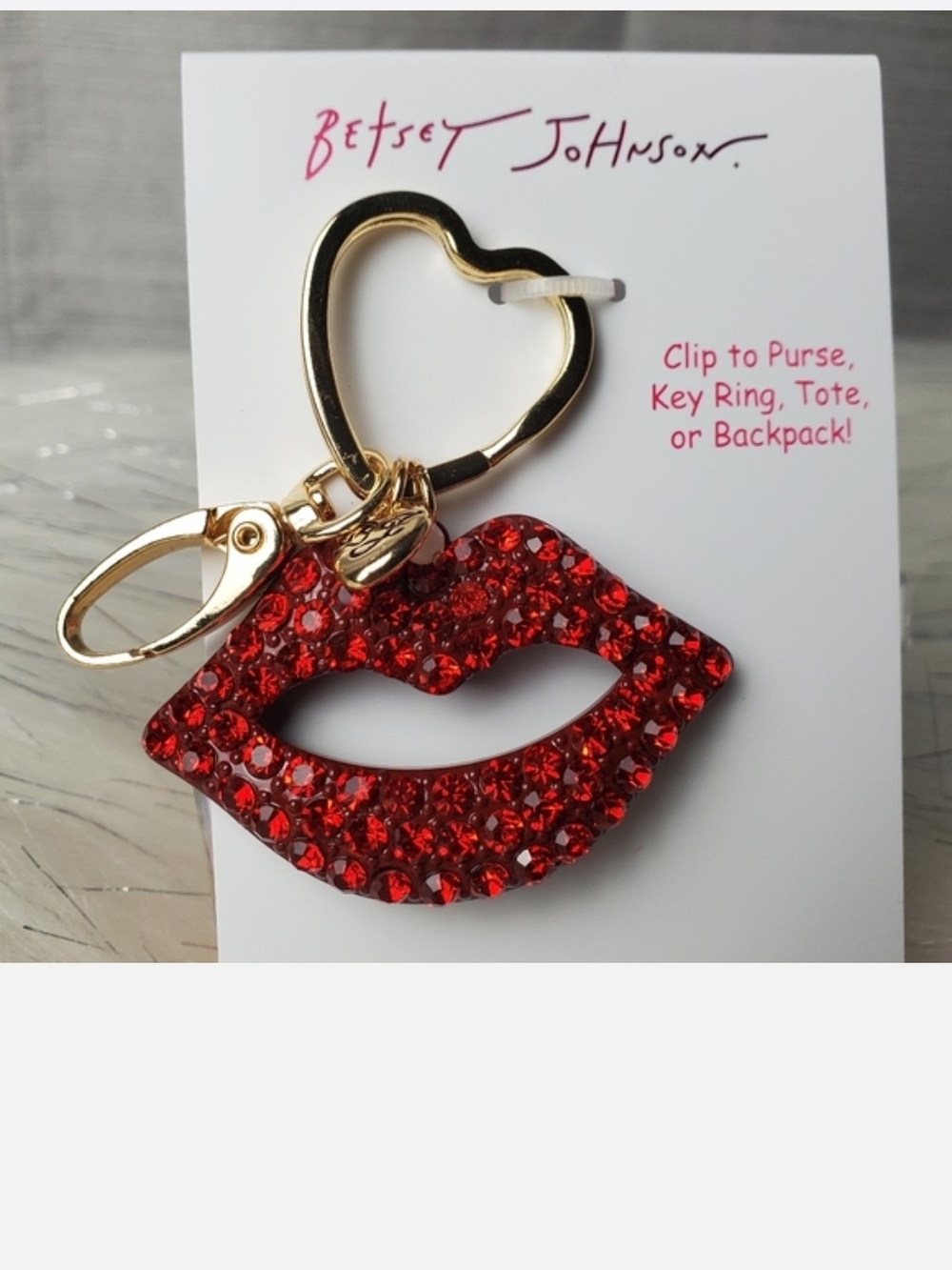 Betsey Johnson Red Crystal Lip Handbag Charm Keychain New - Picture 4 of 5